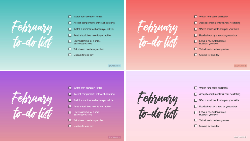 February to-do list with 4 different backgrounds
