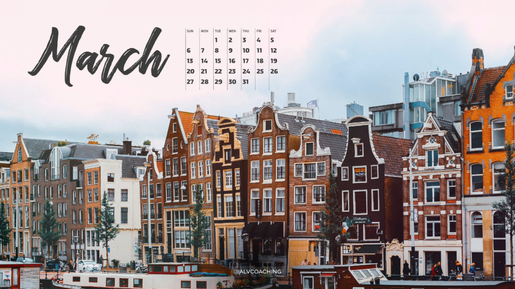 March 2022 calendar tech background. Photo of European city.