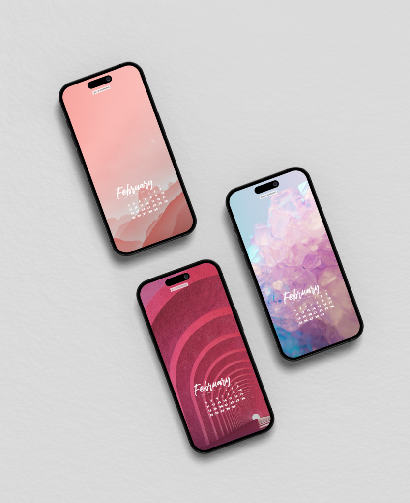 Mobile phones with various February 2024 tech background design in the background and a February 2024 calendar on lower middle portion