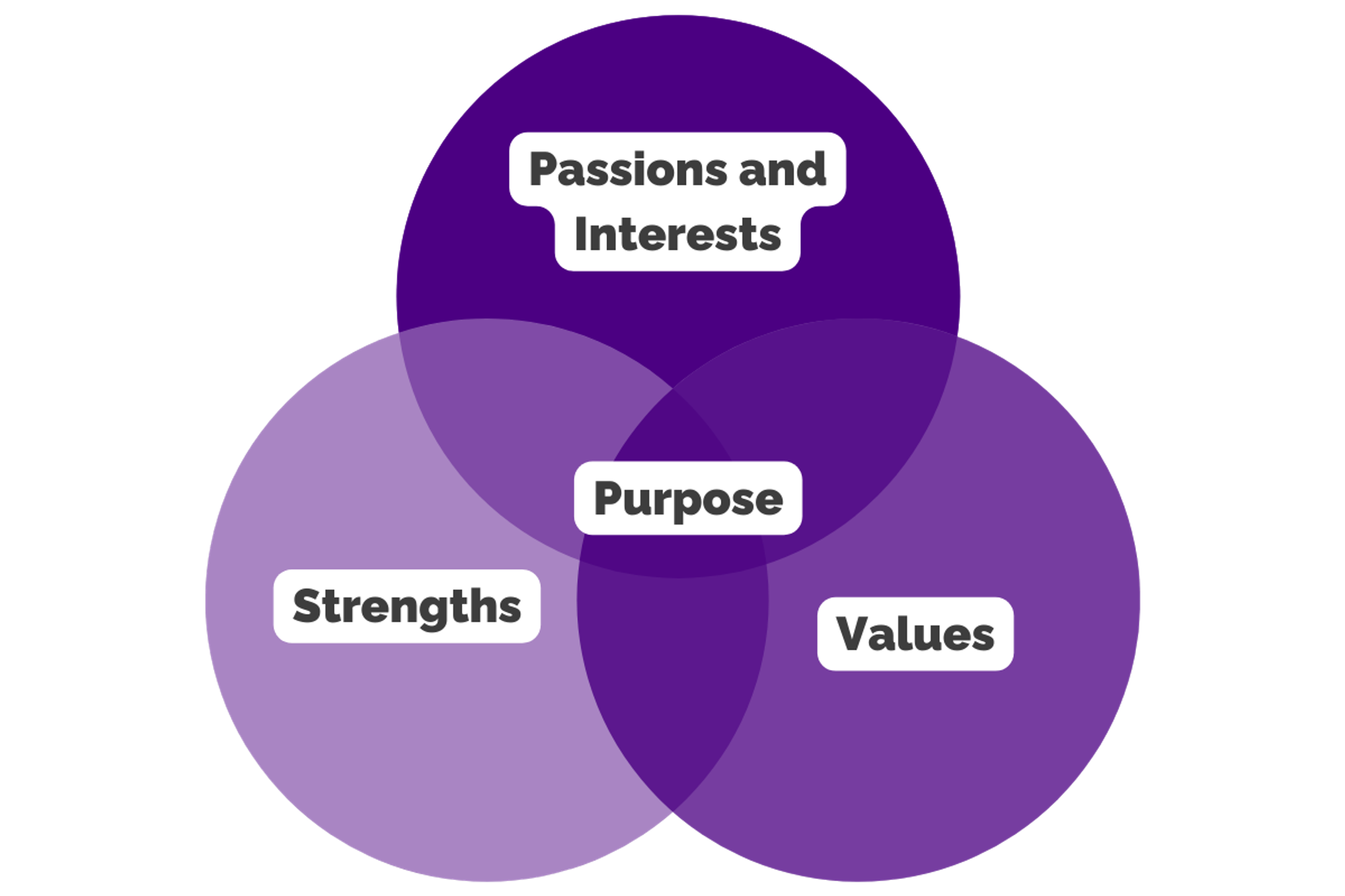 Venn diagram with Passions & Interests, Strengths, and Values on the outside and Purpose in the center
