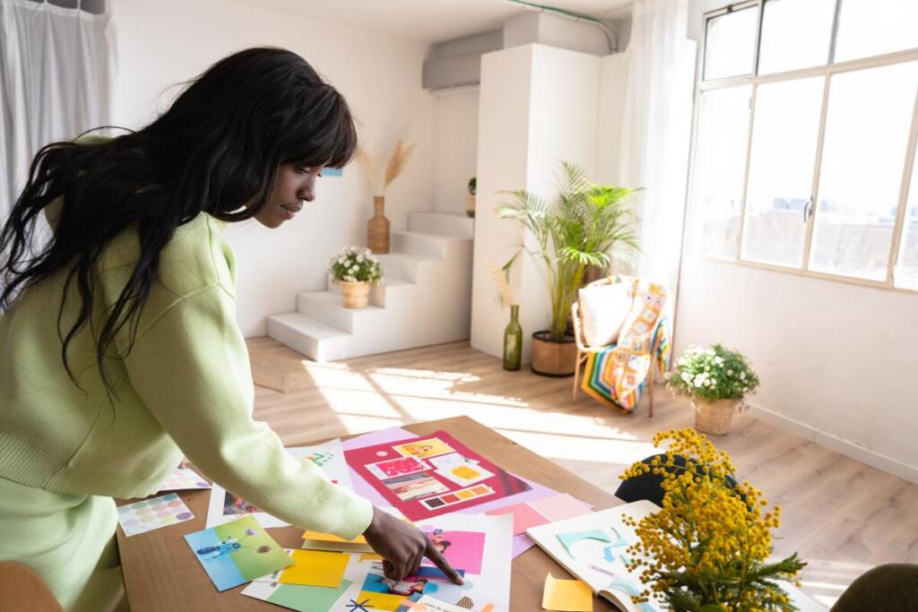 Woman looking at designs on desk 