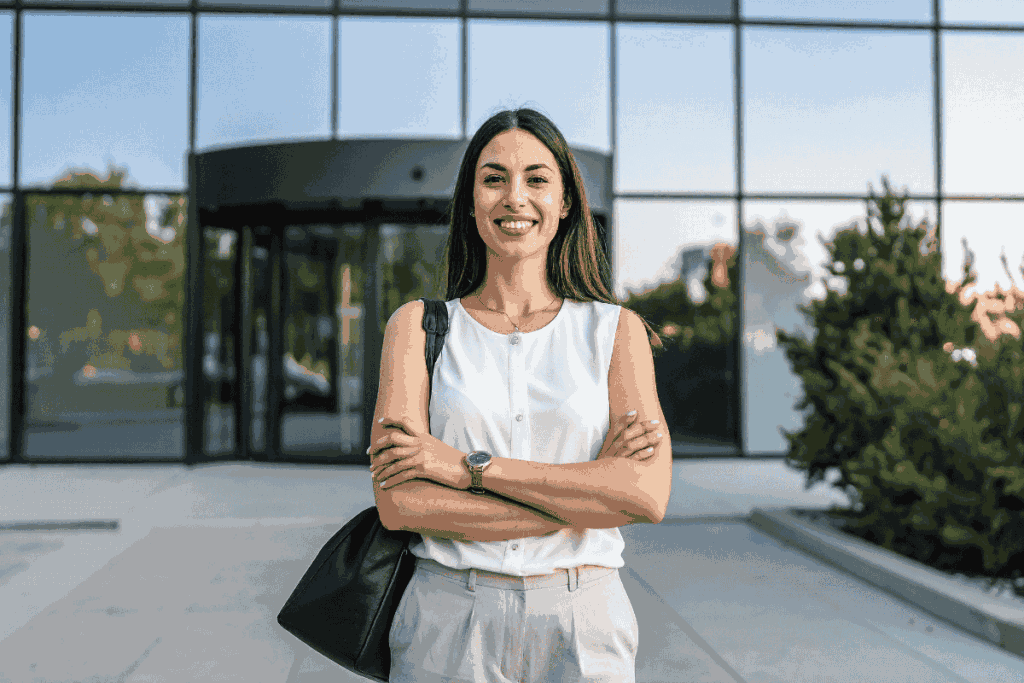 Confident woman standing outside in front of building