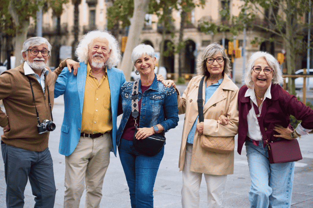 A group of retirees enjoying retirement together through a shared interest of traveling.